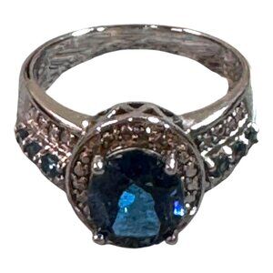 Vtg Sapphire Sterling Silver 925 Blue Oval Gemstone Ring Rhinestone Accents 8